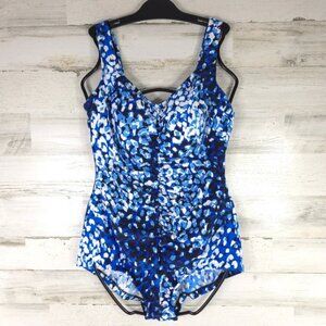 VINTAGE MAXINE OF HOLLYWOOD BLUE ONE-PIECE SWIMSUIT WOMEN'S SIZE 14 ANIMAL PRINT